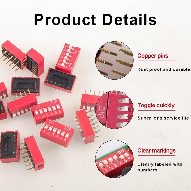 Juasky 20pcs Double Row Dip Switch 6 Position, Slide Type Switch 2.54mm PCB Mountable On Off Toggle Switches for Circuit,Breadboard - Image 3